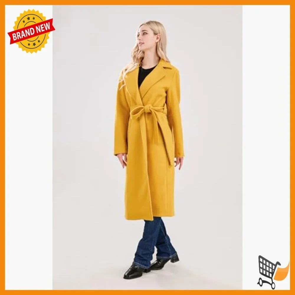 Long Wool Blend Pea Coat with Belt, Notched Collar, Open Front Trench Style